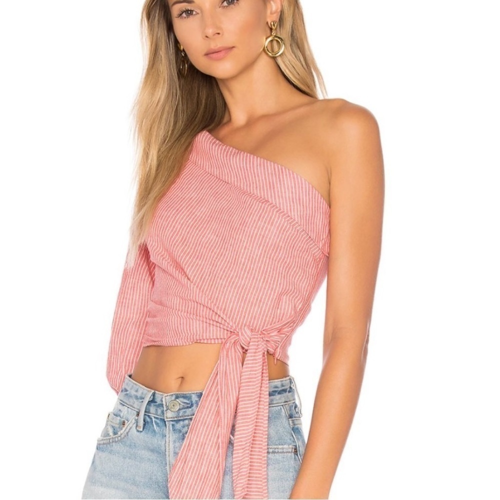 Free People One-Shoulder Pink Striped Tie-Waist Top
